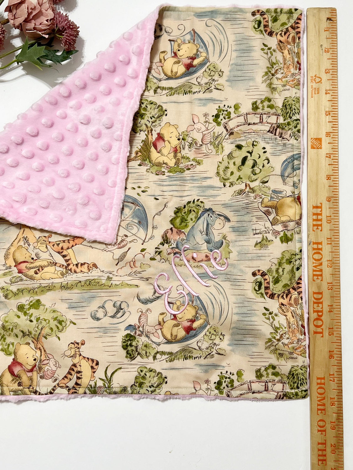 Personalized lovey 6” 12” or  18” size made from Winnie the Pooh cotton with soft minky back color choice, with or without tags
