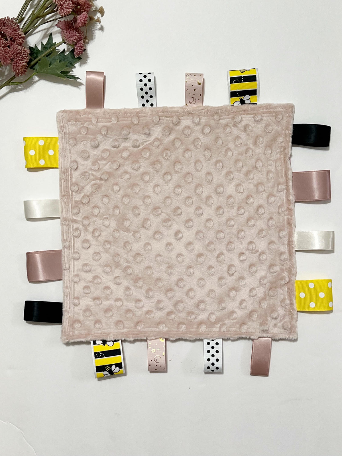 Honey bee print cotton and minky lovey for baby toddler fabric toy or child adult elderly sensory tag blanket lovey in dusty rose pink 12"