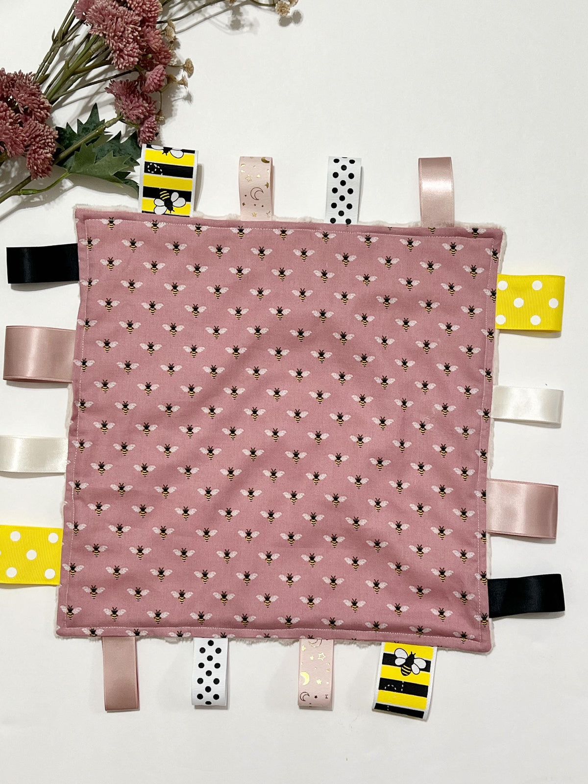 Honey bee print cotton and minky lovey for baby toddler fabric toy or child adult elderly sensory tag blanket lovey in dusty rose pink 12"