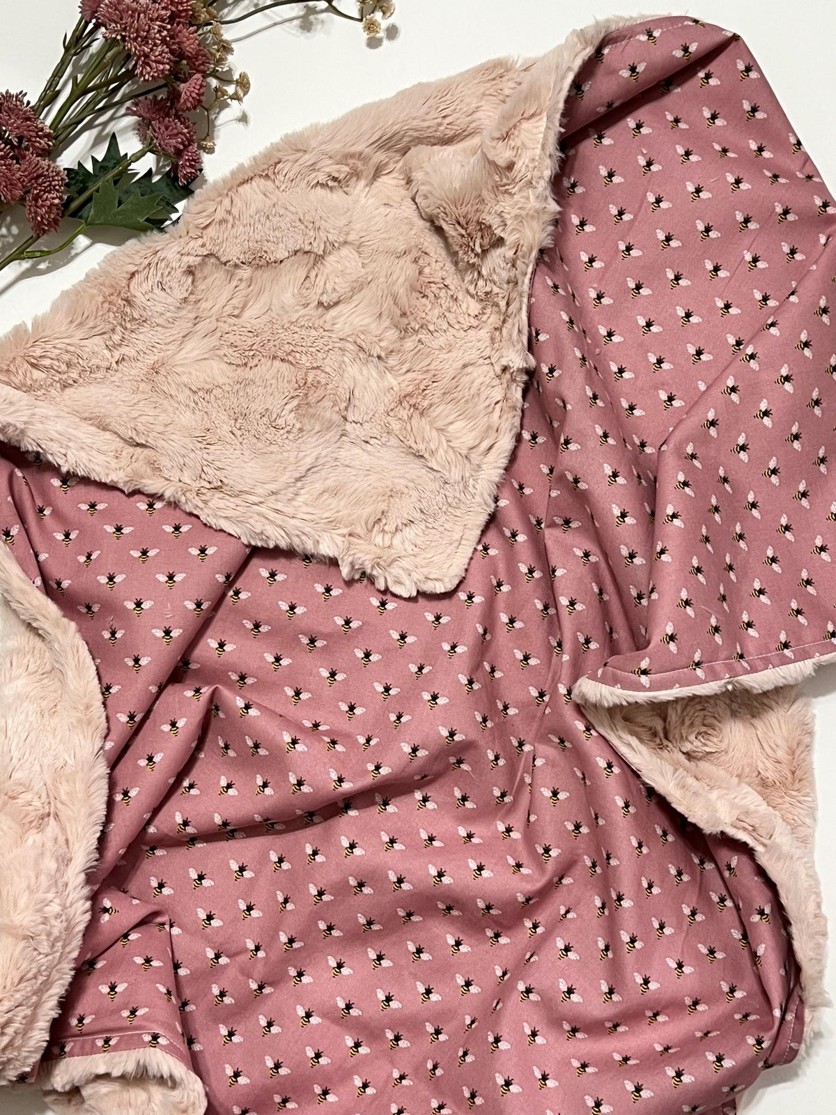 Personalized honey bee Baby nursery Blanket on dusty rose background cotton fabric for  girl, minky or luxe fur back in color, size choices