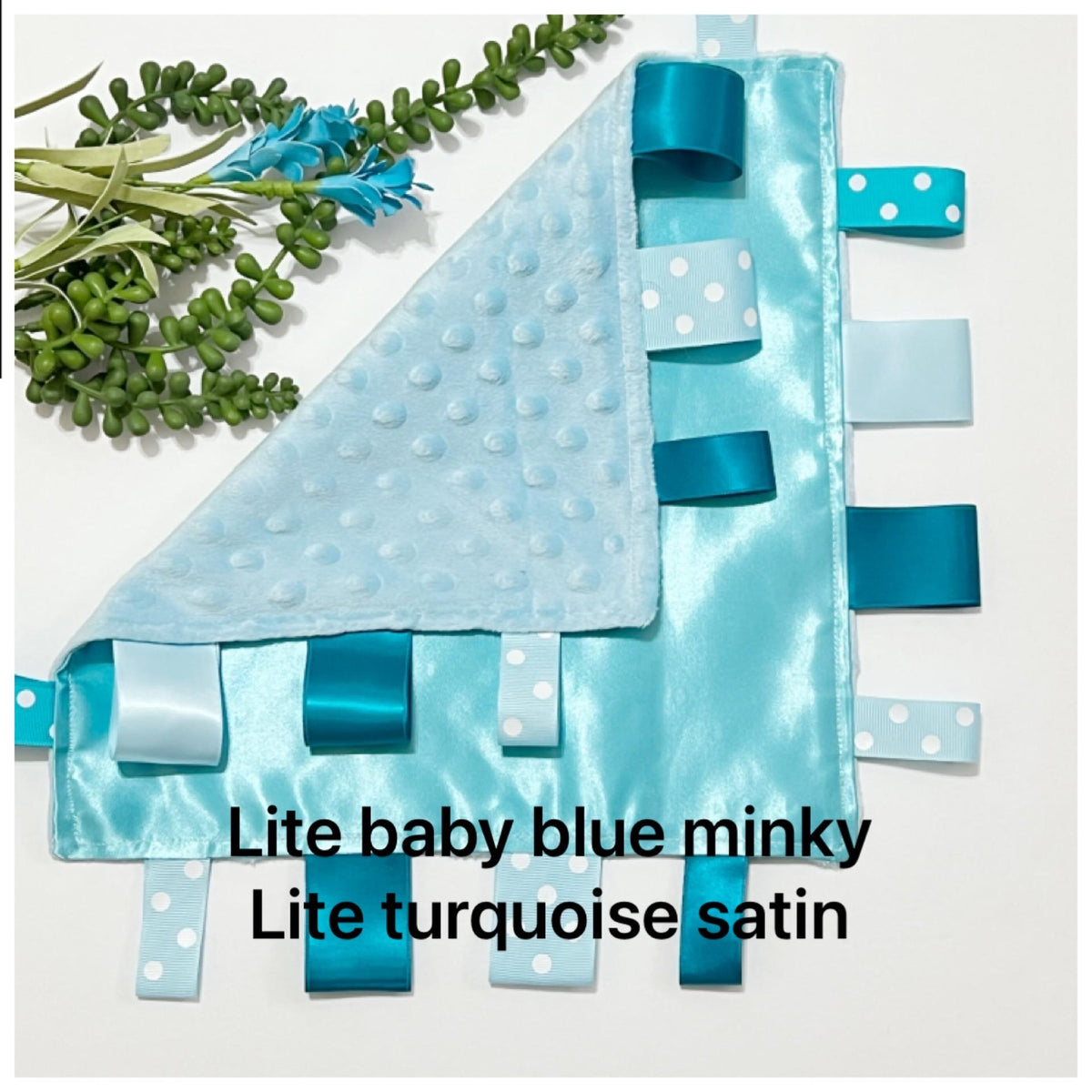 Satin and minky sensory Blanket lovey with ribbon tags and  personalize option, sensory baby shower gift boy or girl lovey 12" color choice