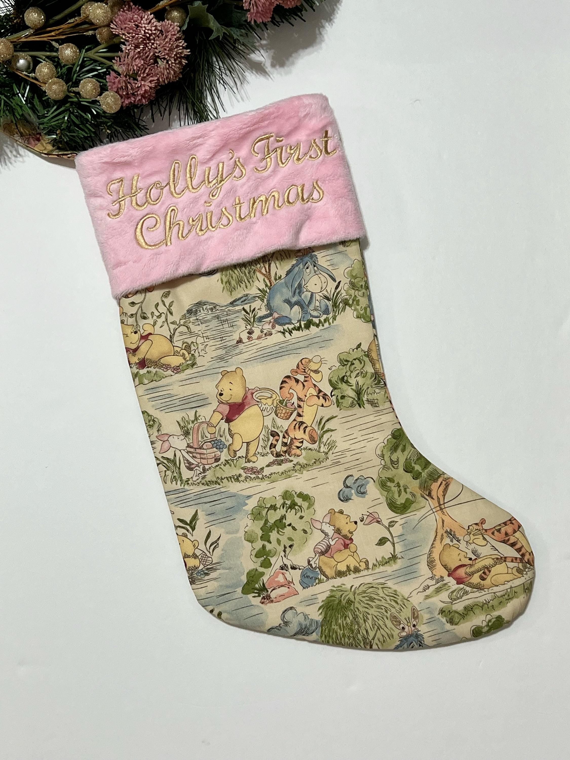 Personalize Christmas stocking made from Winnie the Pooh cotton fabric and fully lined with minky or fur cuff size 18” x 8”, family stocking