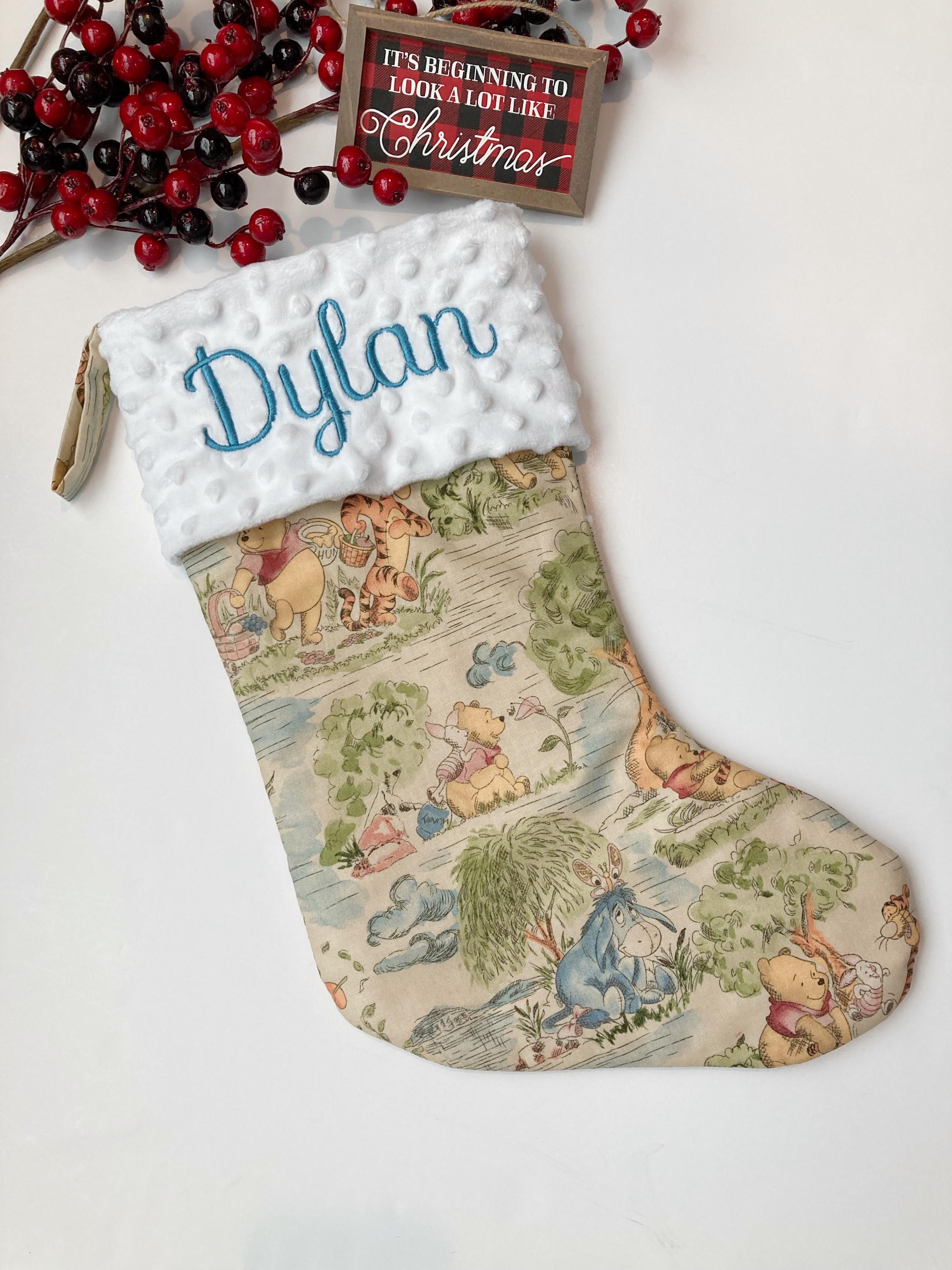 Personalize Christmas stocking made from Winnie the Pooh cotton fabric and fully lined with minky or fur cuff size 18” x 8”, family stocking