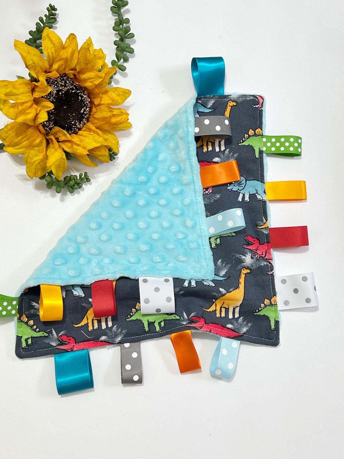 Dinosaur colorful flannel and minky sensory lovey with ribbon tags, personalize option for baby or toddler gift for boy or girl, 12"