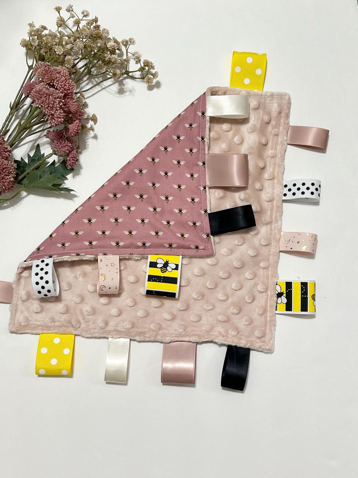 Honey bee print cotton and minky lovey for baby toddler fabric toy or child adult elderly sensory tag blanket lovey in dusty rose pink 12"