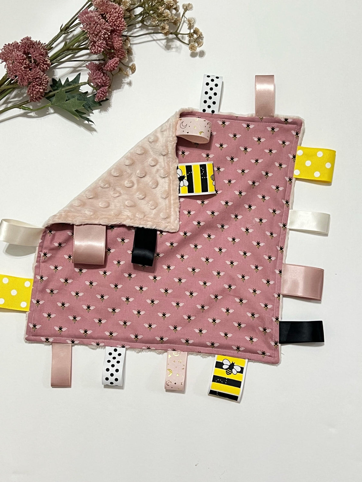 Honey bee print cotton and minky lovey for baby toddler fabric toy or child adult elderly sensory tag blanket lovey in dusty rose pink 12"