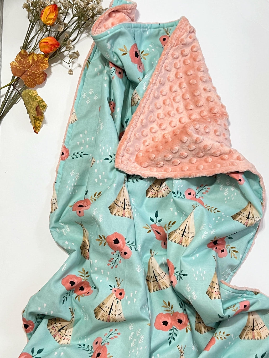 Boho floral tribal Blanket in coral and turquoise, cotton and minky choose size, backing and personalize, baby shower gift