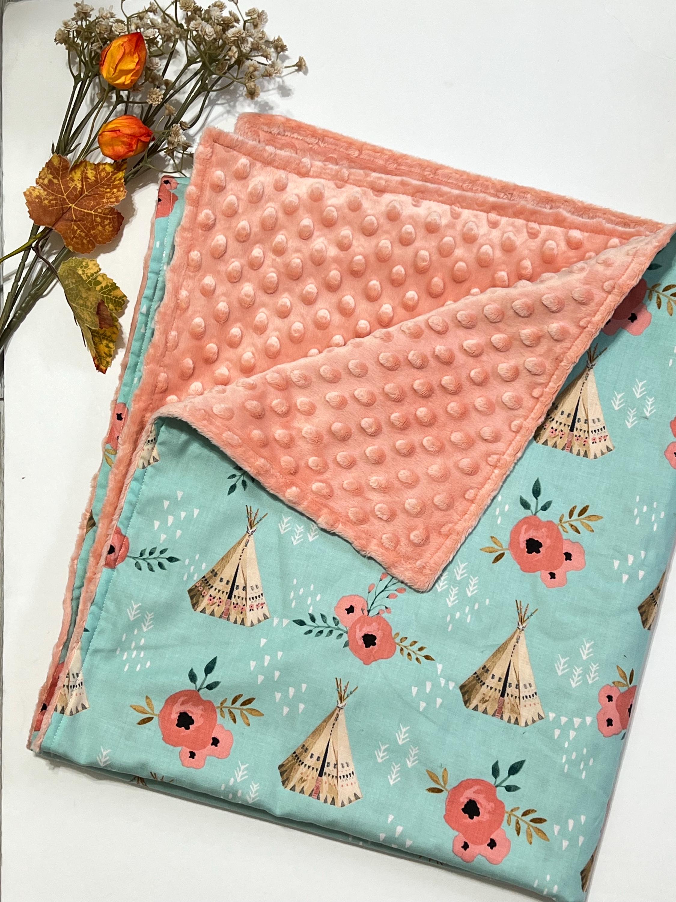 Boho floral tribal Blanket in coral and turquoise, cotton and minky choose size, backing and personalize, baby shower gift