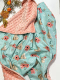 Boho floral tribal Blanket in coral and turquoise, cotton and minky choose size, backing and personalize, baby shower gift
