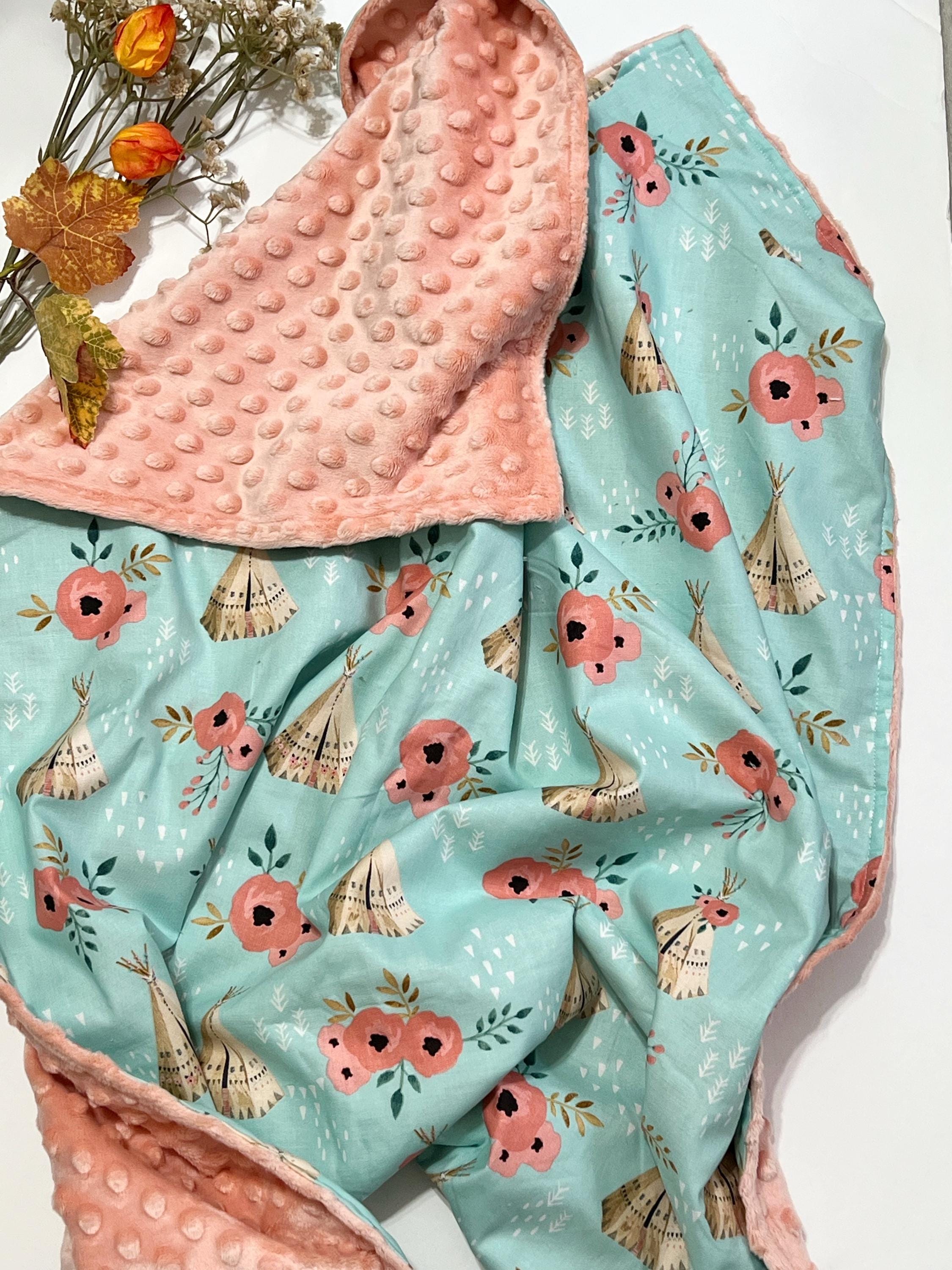 Boho floral tribal Blanket in coral and turquoise, cotton and minky choose size, backing and personalize, baby shower gift