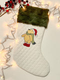 Personalization stocking with classic Winnie the Pooh Christmas embroidered on white quilted stocking, fully lined, Minky or fur cuff 18”
