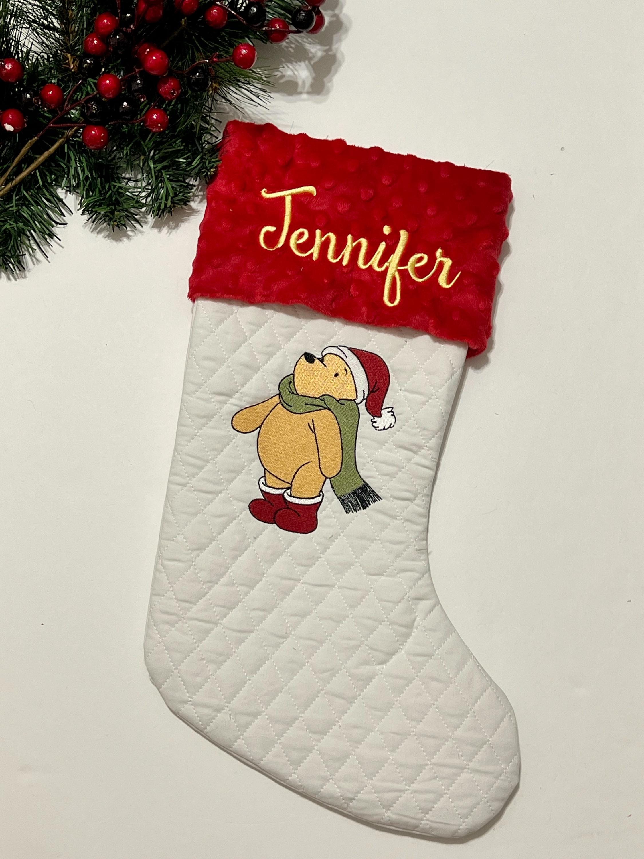 Personalization stocking with classic Winnie the Pooh Christmas embroidered on white quilted stocking, fully lined, Minky or fur cuff 18”