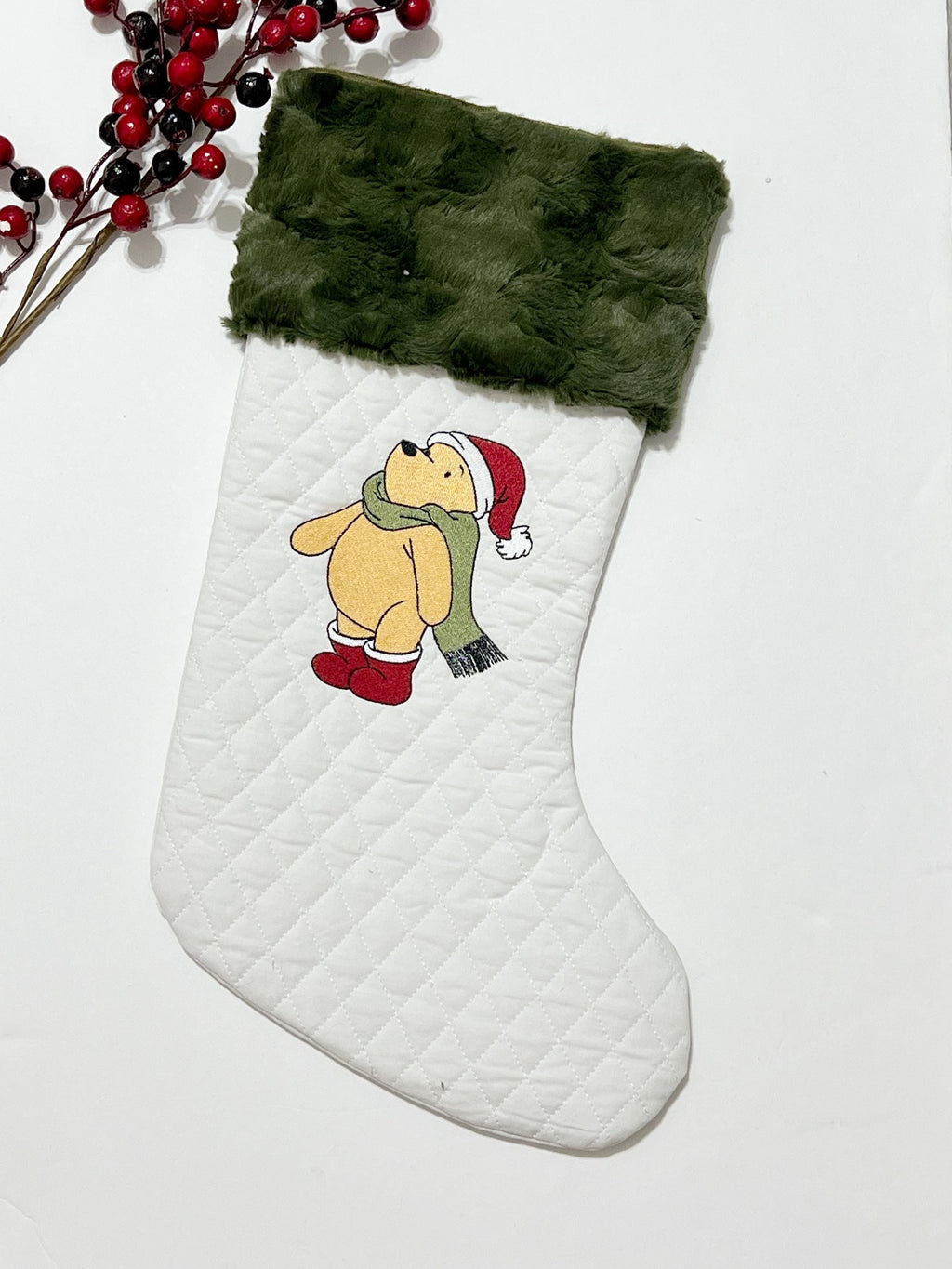 Personalization stocking with classic Winnie the Pooh Christmas embroidered on white quilted stocking, fully lined, Minky or fur cuff 18”