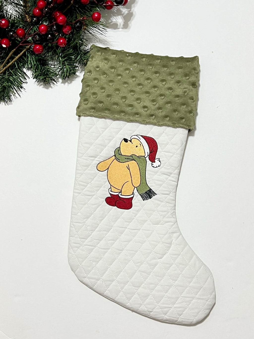 Personalization stocking with classic Winnie the Pooh Christmas embroidered on white quilted stocking, fully lined, Minky or fur cuff 18”