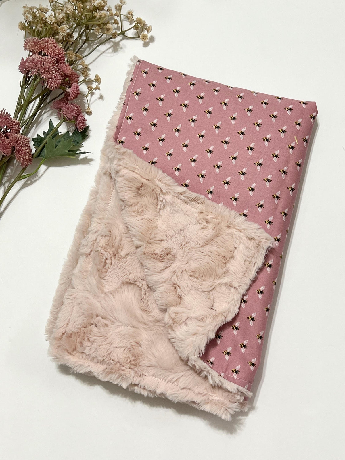 Personalized honey bee Baby nursery Blanket on dusty rose background cotton fabric for  girl, minky or luxe fur back in color, size choices