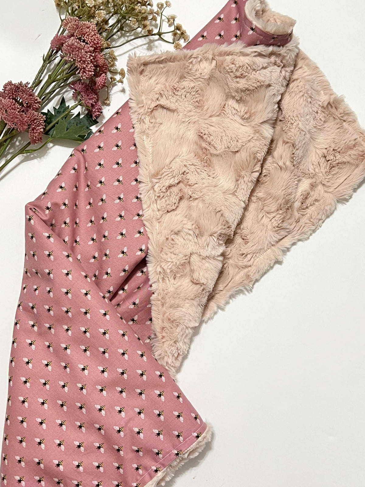Personalized honey bee Baby nursery Blanket on dusty rose background cotton fabric for  girl, minky or luxe fur back in color, size choices