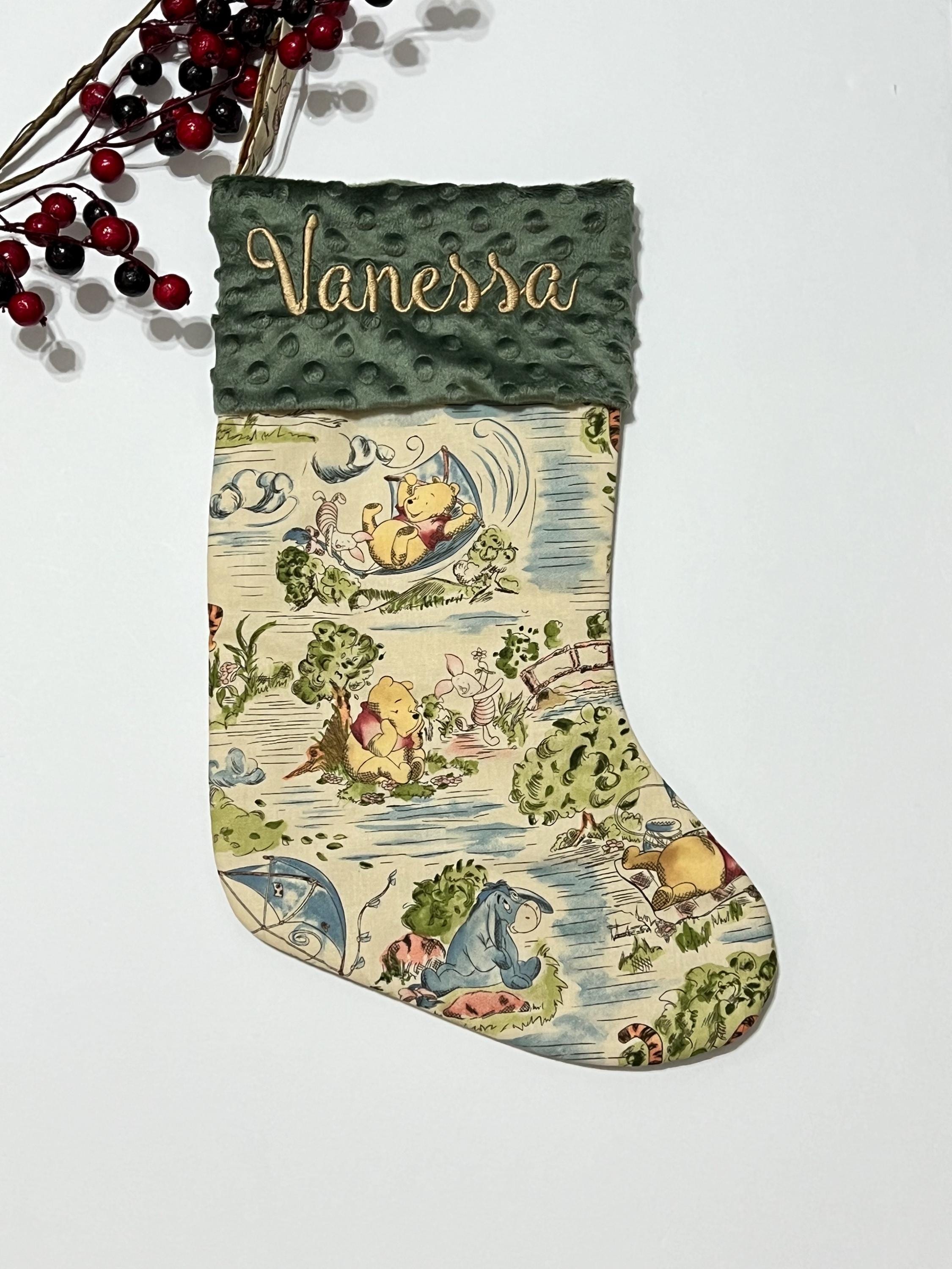 Personalize Christmas stocking made from Winnie the Pooh cotton fabric and fully lined with minky or fur cuff size 18” x 8”, family stocking