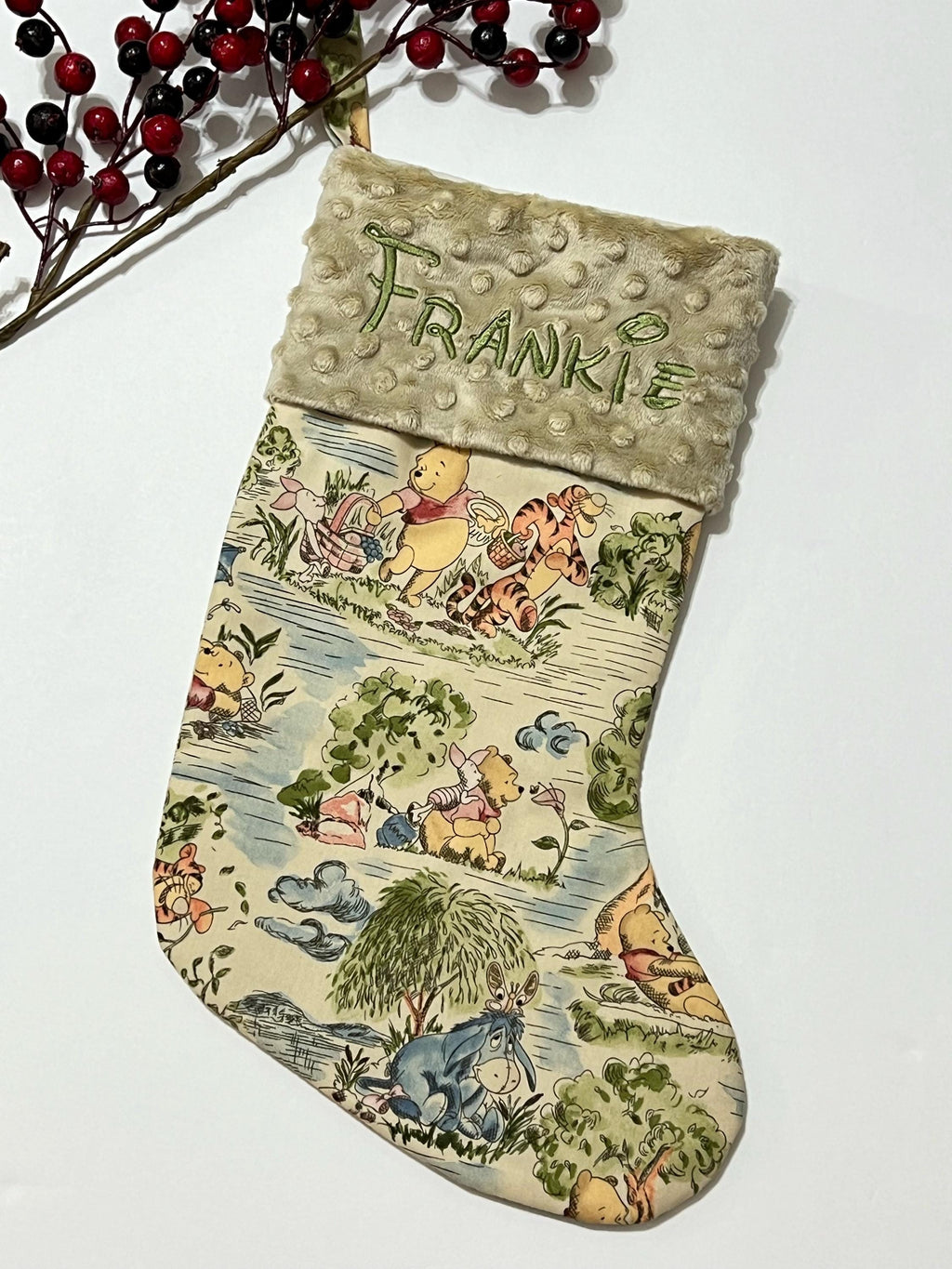 Personalize Christmas stocking made from Winnie the Pooh cotton fabric and fully lined with minky or fur cuff size 18” x 8”, family stocking