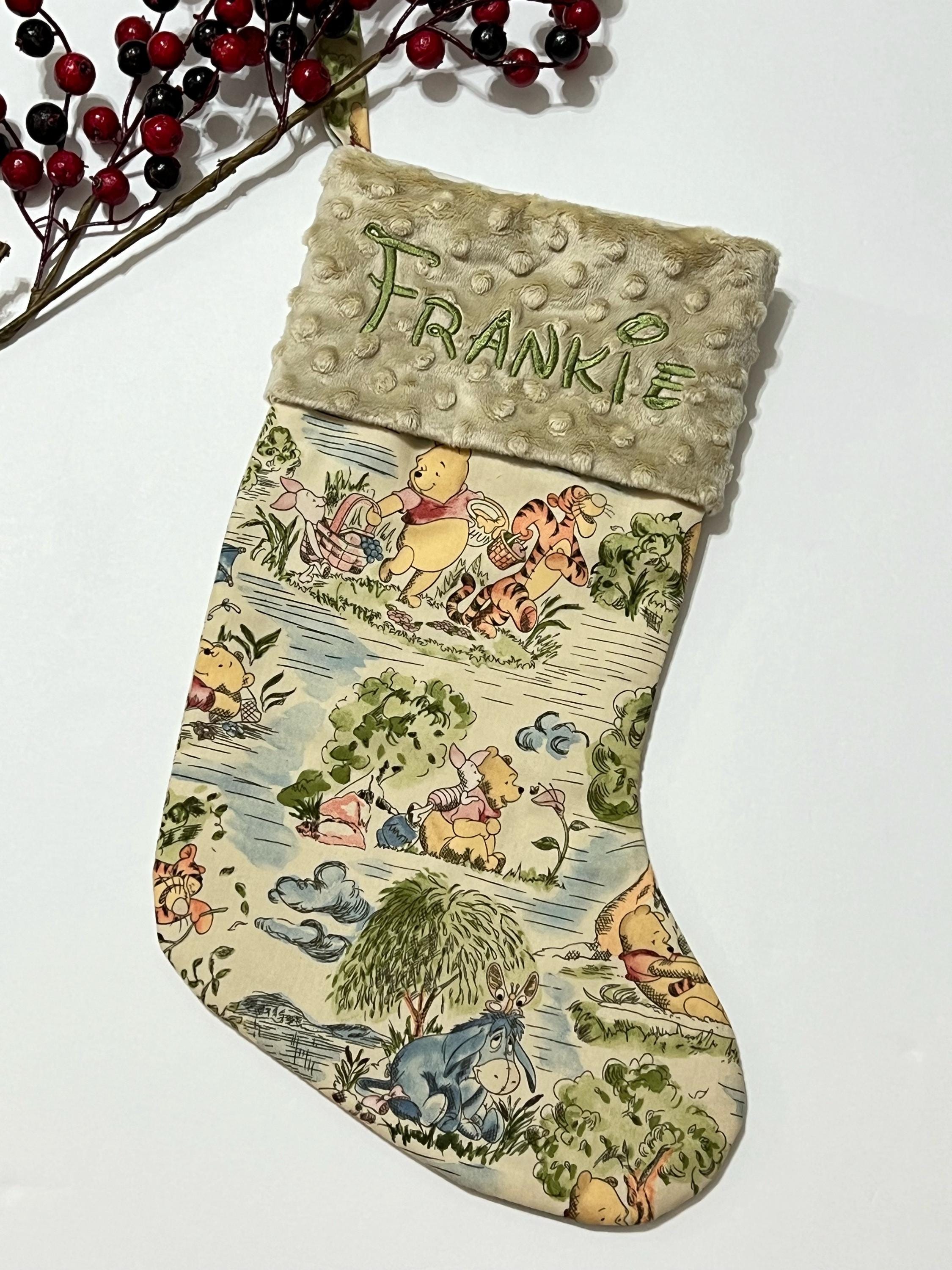 Personalize Christmas stocking made from Winnie the Pooh cotton fabric and fully lined with minky or fur cuff size 18” x 8”, family stocking