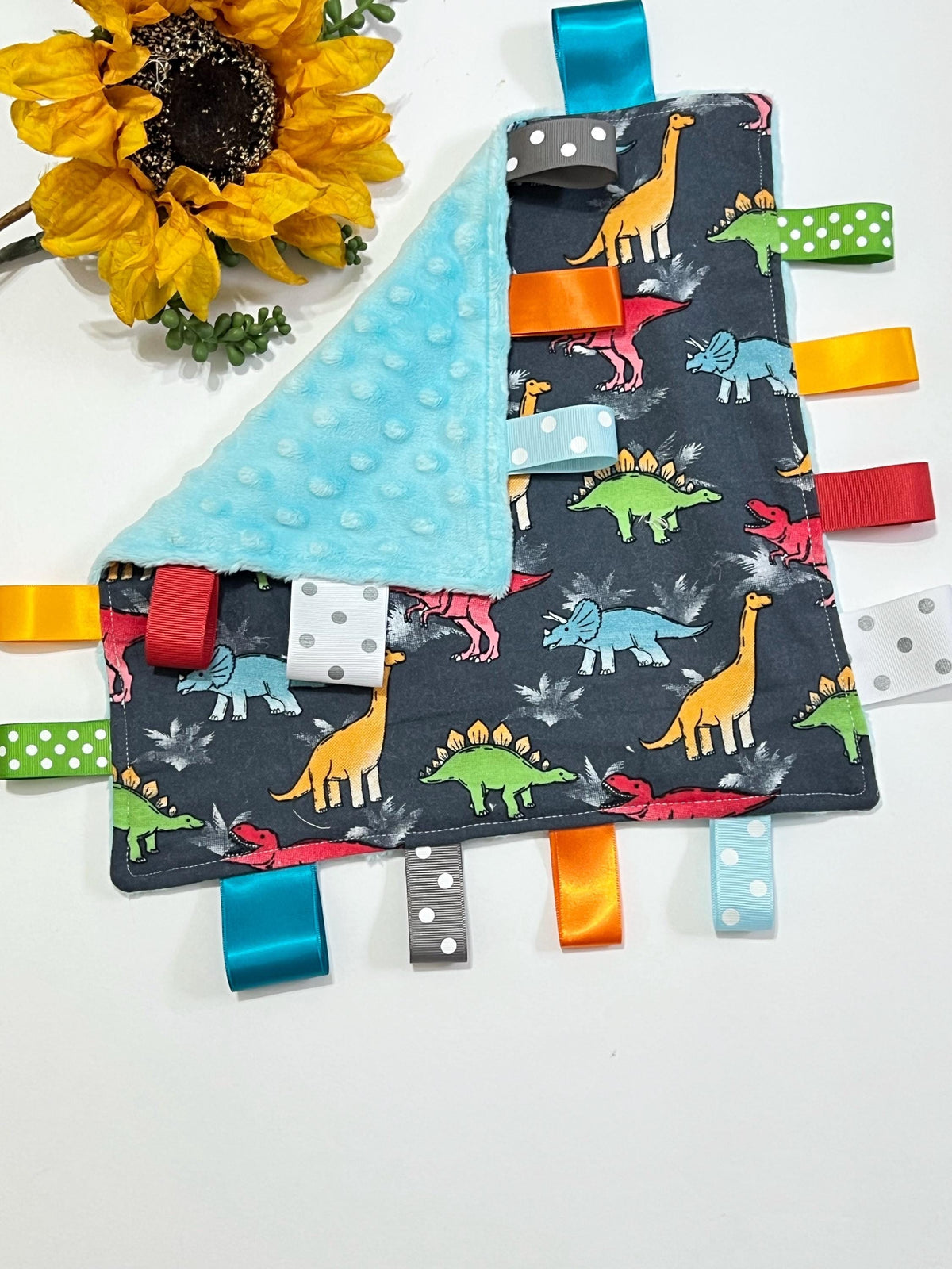 Dinosaur colorful flannel and minky sensory lovey with ribbon tags, personalize option for baby or toddler gift for boy or girl, 12"