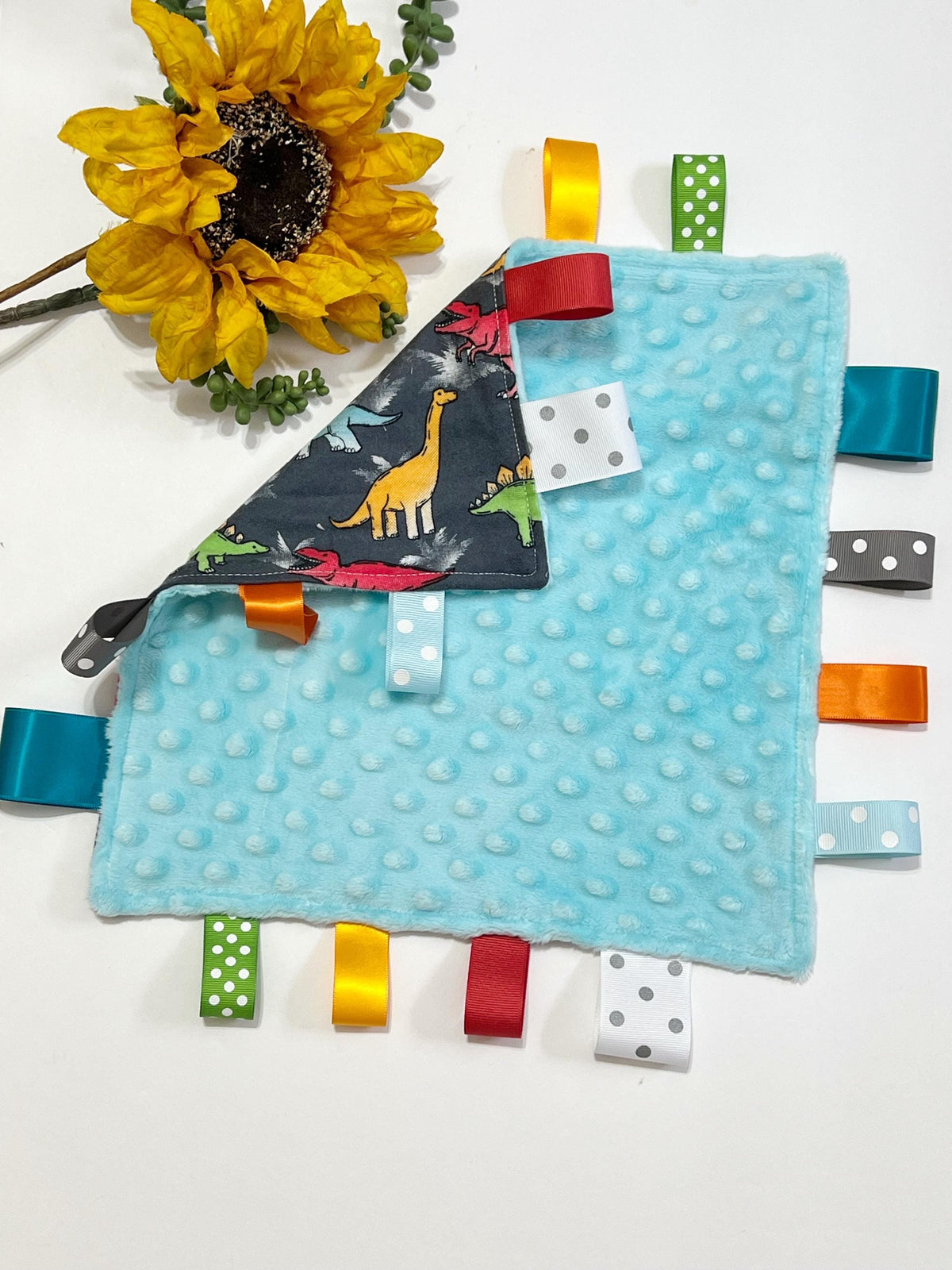 Dinosaur colorful flannel and minky sensory lovey with ribbon tags, personalize option for baby or toddler gift for boy or girl, 12"