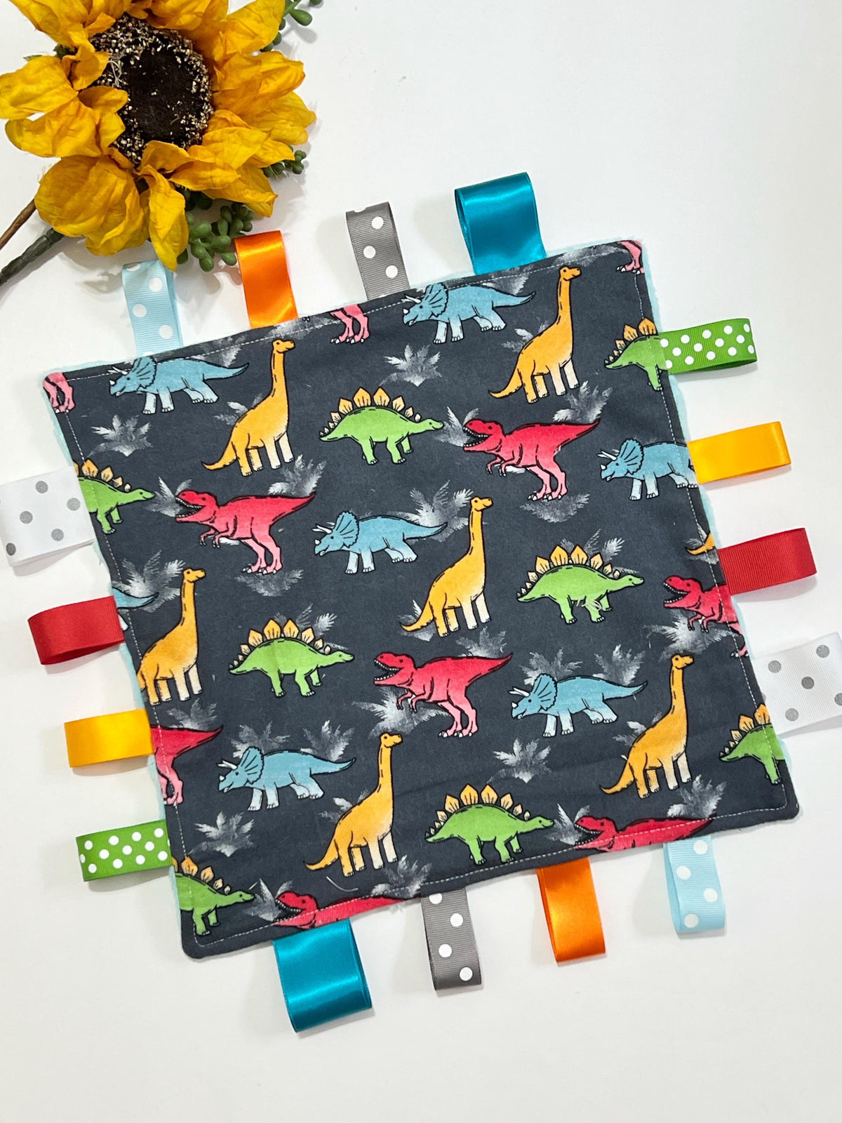 Dinosaur colorful flannel and minky sensory lovey with ribbon tags, personalize option for baby or toddler gift for boy or girl, 12"