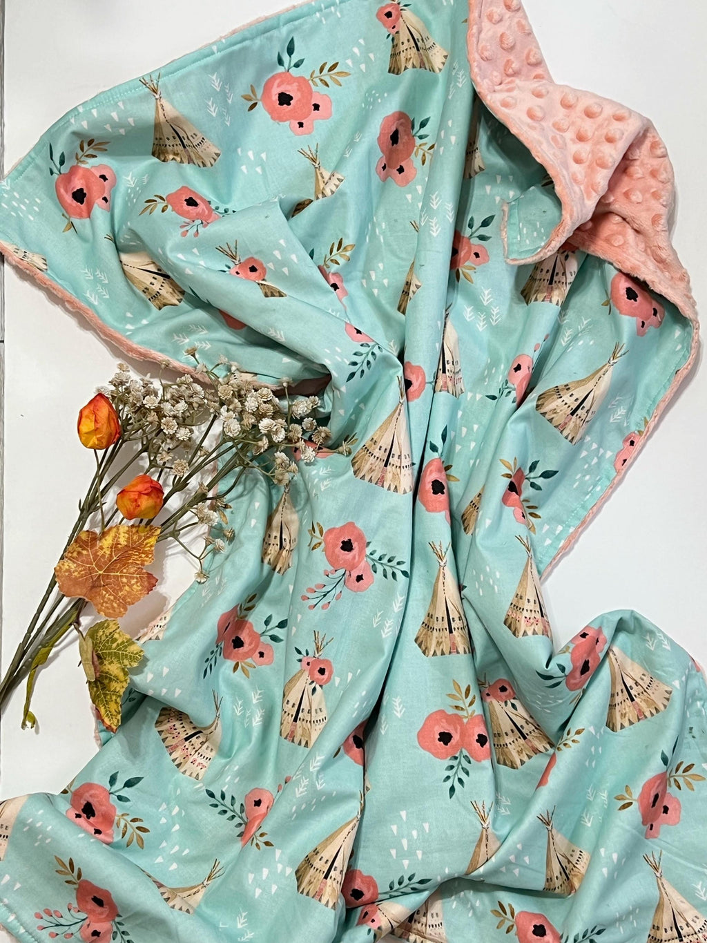 Boho floral tribal Blanket in coral and turquoise, cotton and minky choose size, backing and personalize, baby shower gift