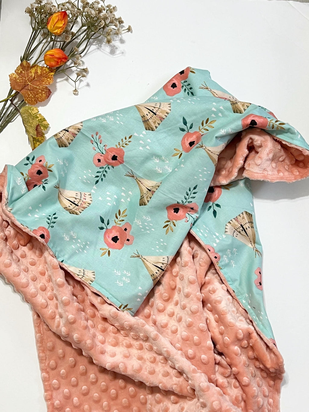 Boho floral tribal Blanket in coral and turquoise, cotton and minky choose size, backing and personalize, baby shower gift