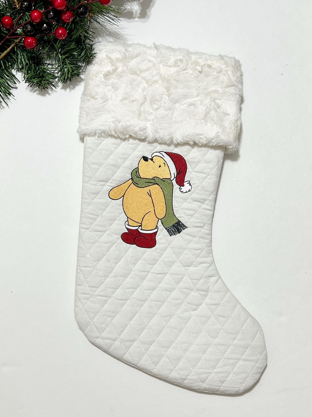Personalization stocking with classic Winnie the Pooh Christmas embroidered on white quilted stocking, fully lined, Minky or fur cuff 18”