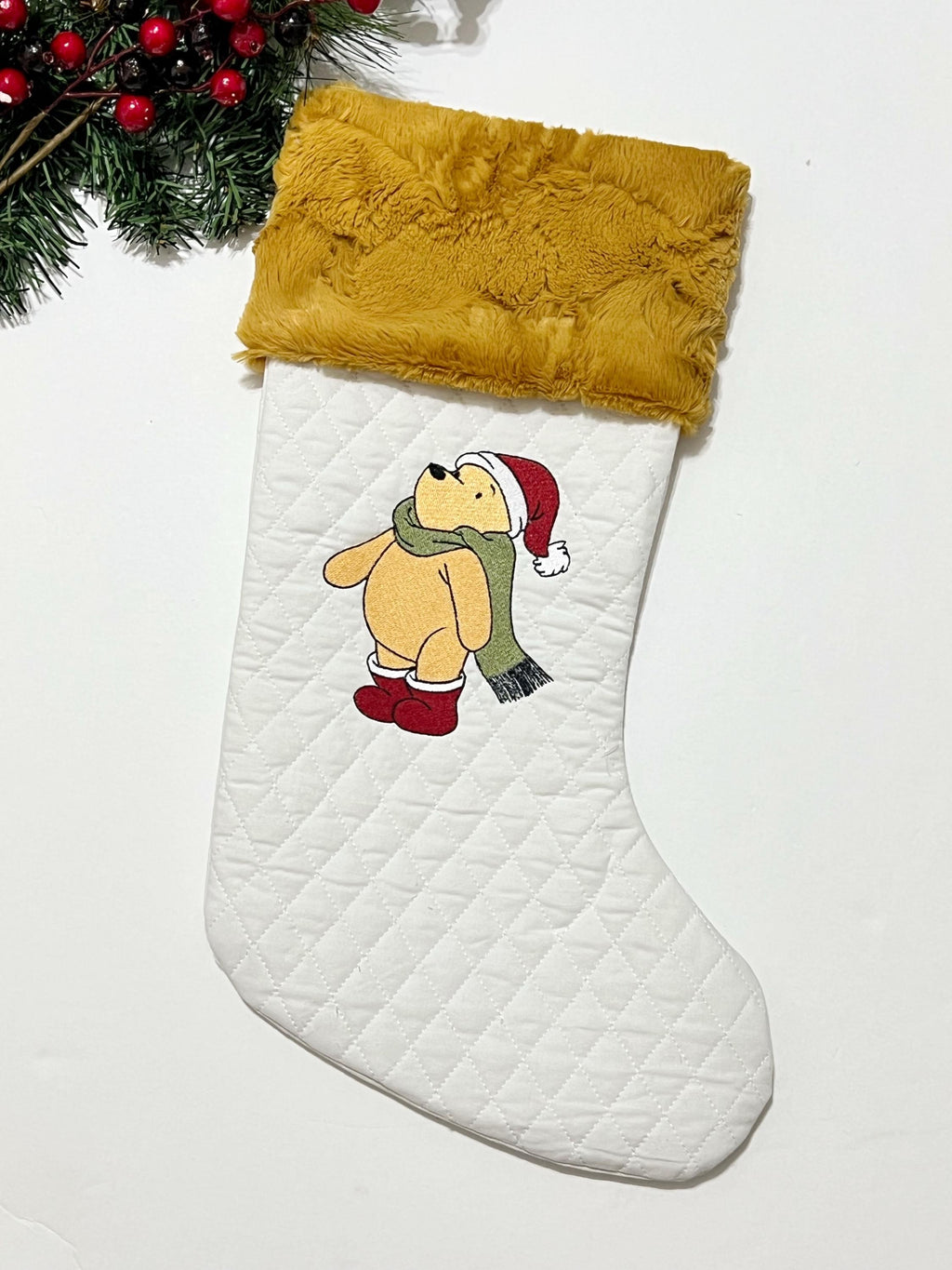 Personalization stocking with classic Winnie the Pooh Christmas embroidered on white quilted stocking, fully lined, Minky or fur cuff 18”