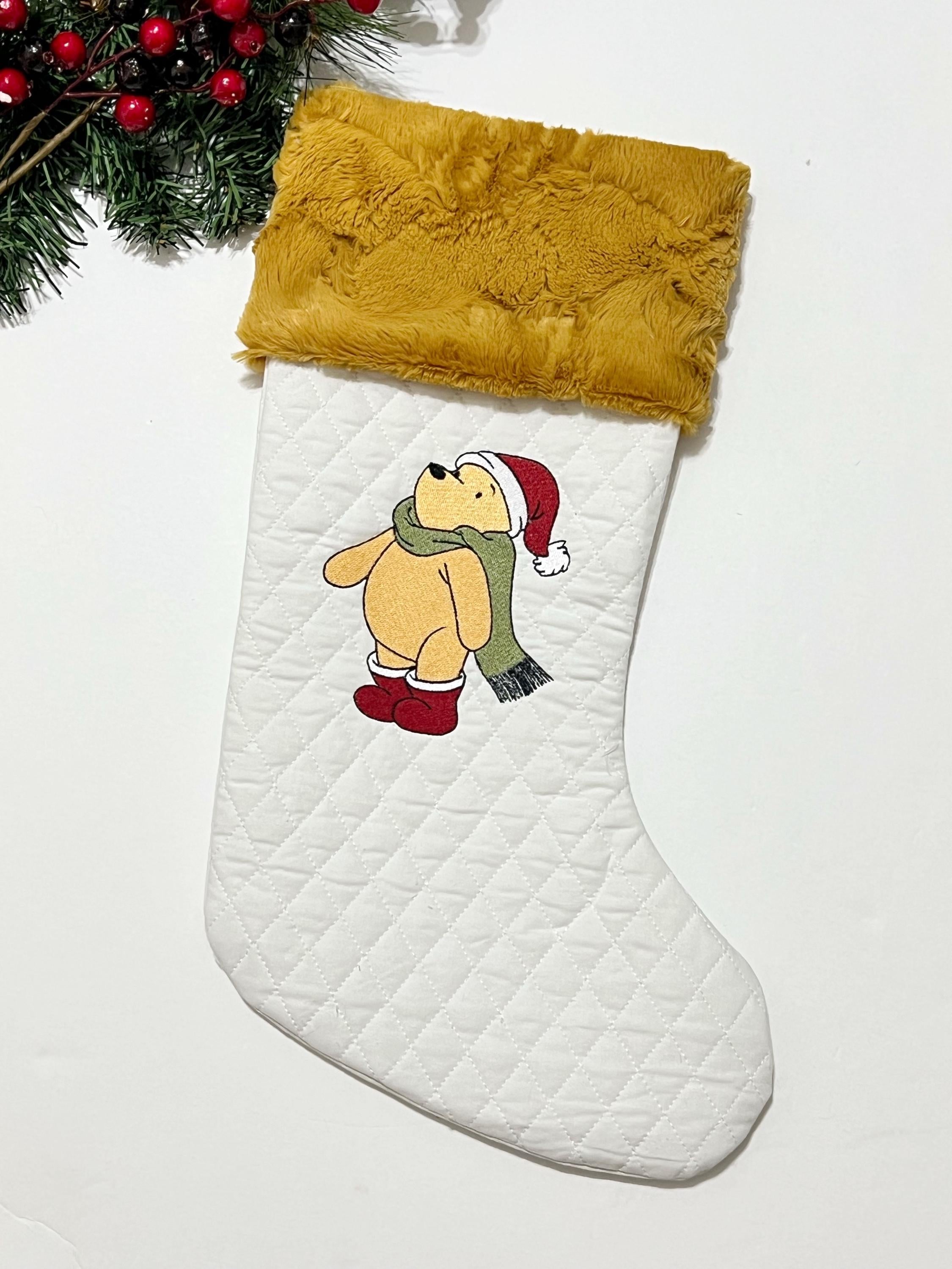 Personalization stocking with classic Winnie the Pooh Christmas embroidered on white quilted stocking, fully lined, Minky or fur cuff 18”