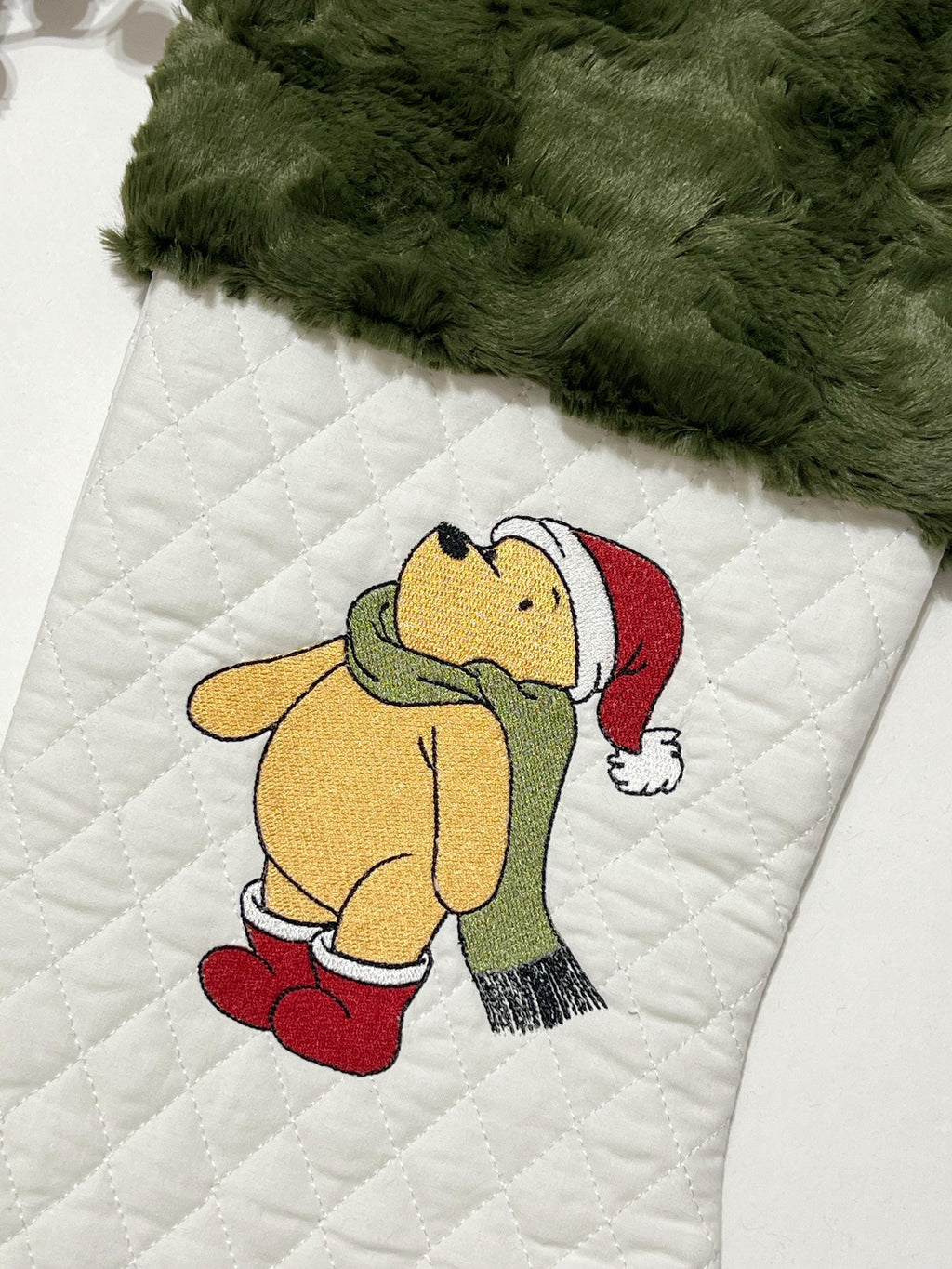 Personalization stocking with classic Winnie the Pooh Christmas embroidered on white quilted stocking, fully lined, Minky or fur cuff 18”
