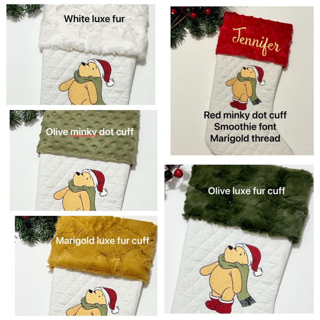 Personalization stocking with classic Winnie the Pooh Christmas embroidered on white quilted stocking, fully lined, Minky or fur cuff 18”