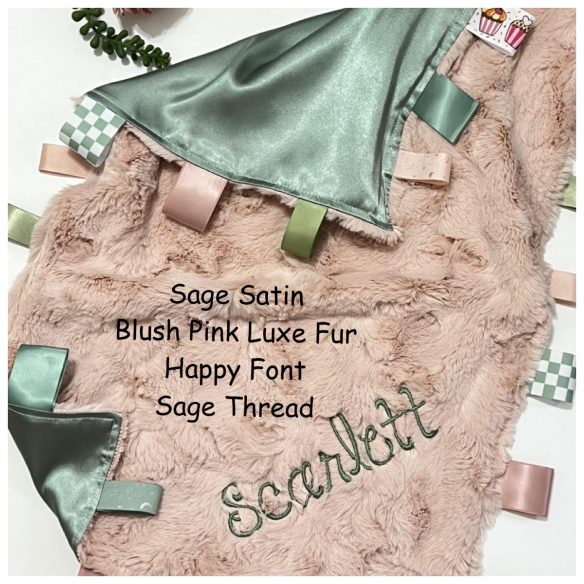 Large 20”x 28” satin and minky sensory baby blanket lovey with ribbon tags, or for any age boy or girl, personalize