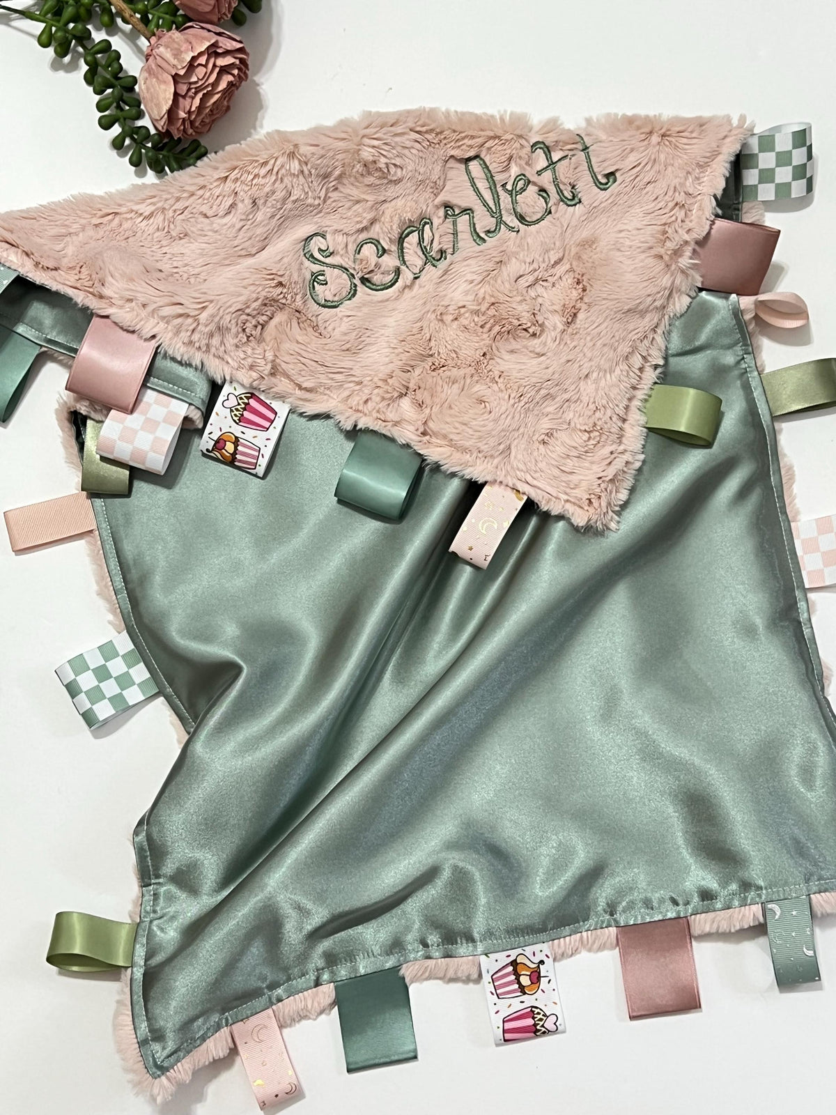 Large 20”x 28” satin and minky sensory baby blanket lovey with ribbon tags, or for any age boy or girl, personalize