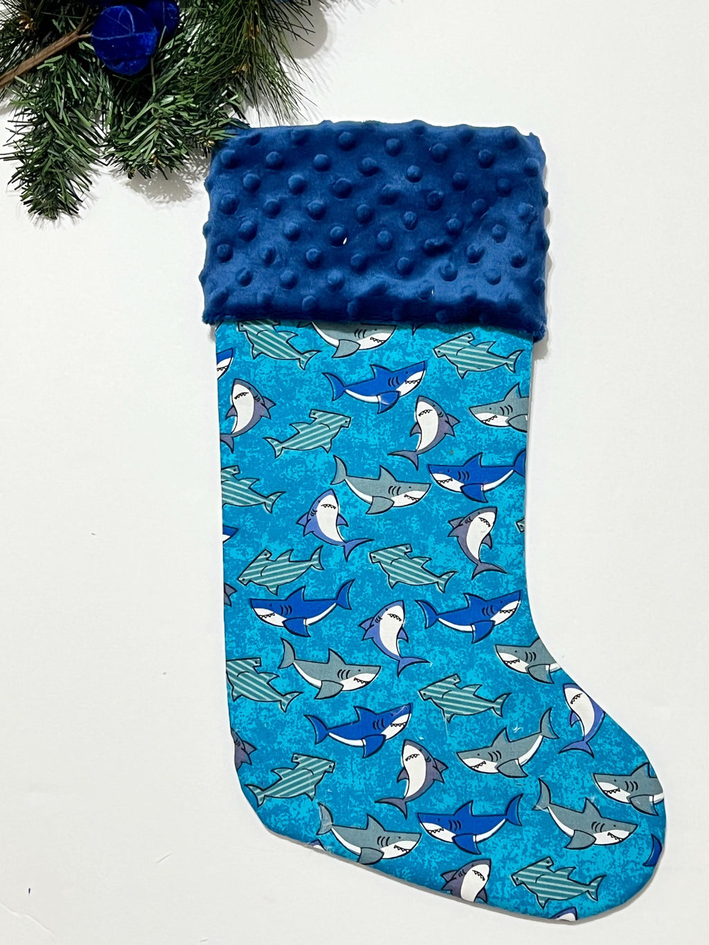Personalize Shark cotton print Christmas stocking with minky or  fur cuff and fully lined 18” size, ocean life stockings