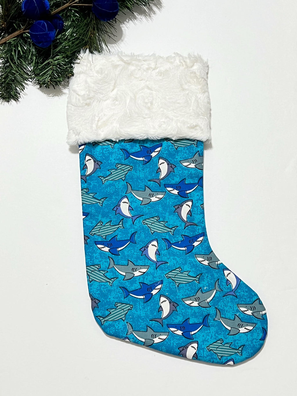 Personalize Shark cotton print Christmas stocking with minky or  fur cuff and fully lined 18” size, ocean life stockings