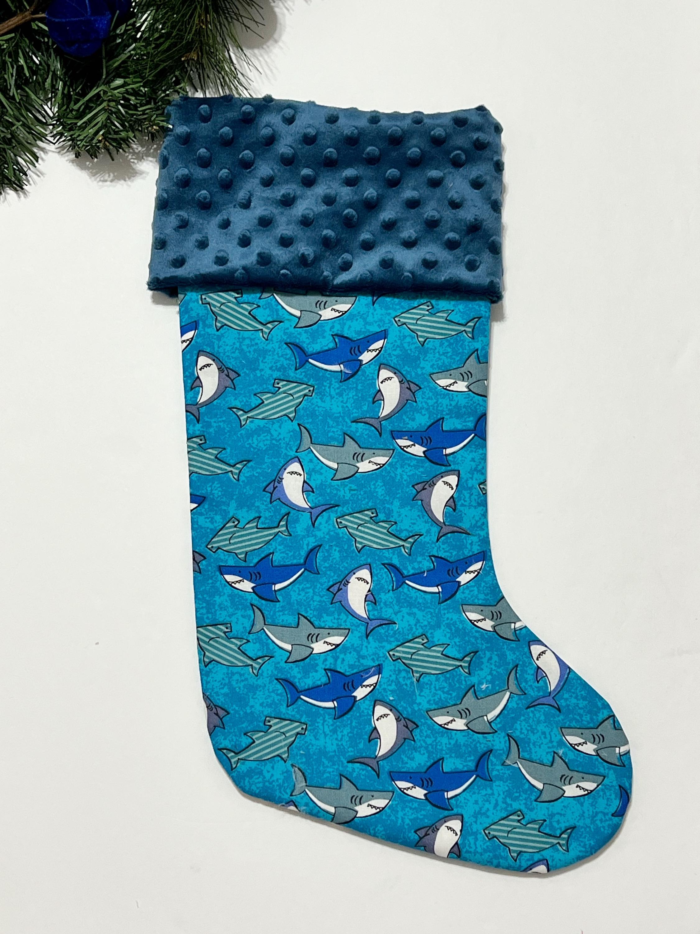 Personalize Shark cotton print Christmas stocking with minky or  fur cuff and fully lined 18” size, ocean life stockings
