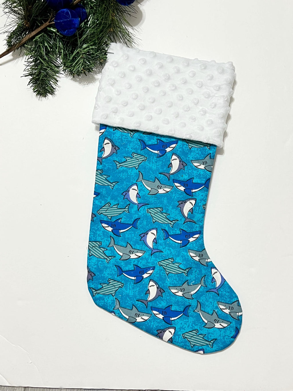 Personalize Shark cotton print Christmas stocking with minky or  fur cuff and fully lined 18” size, ocean life stockings