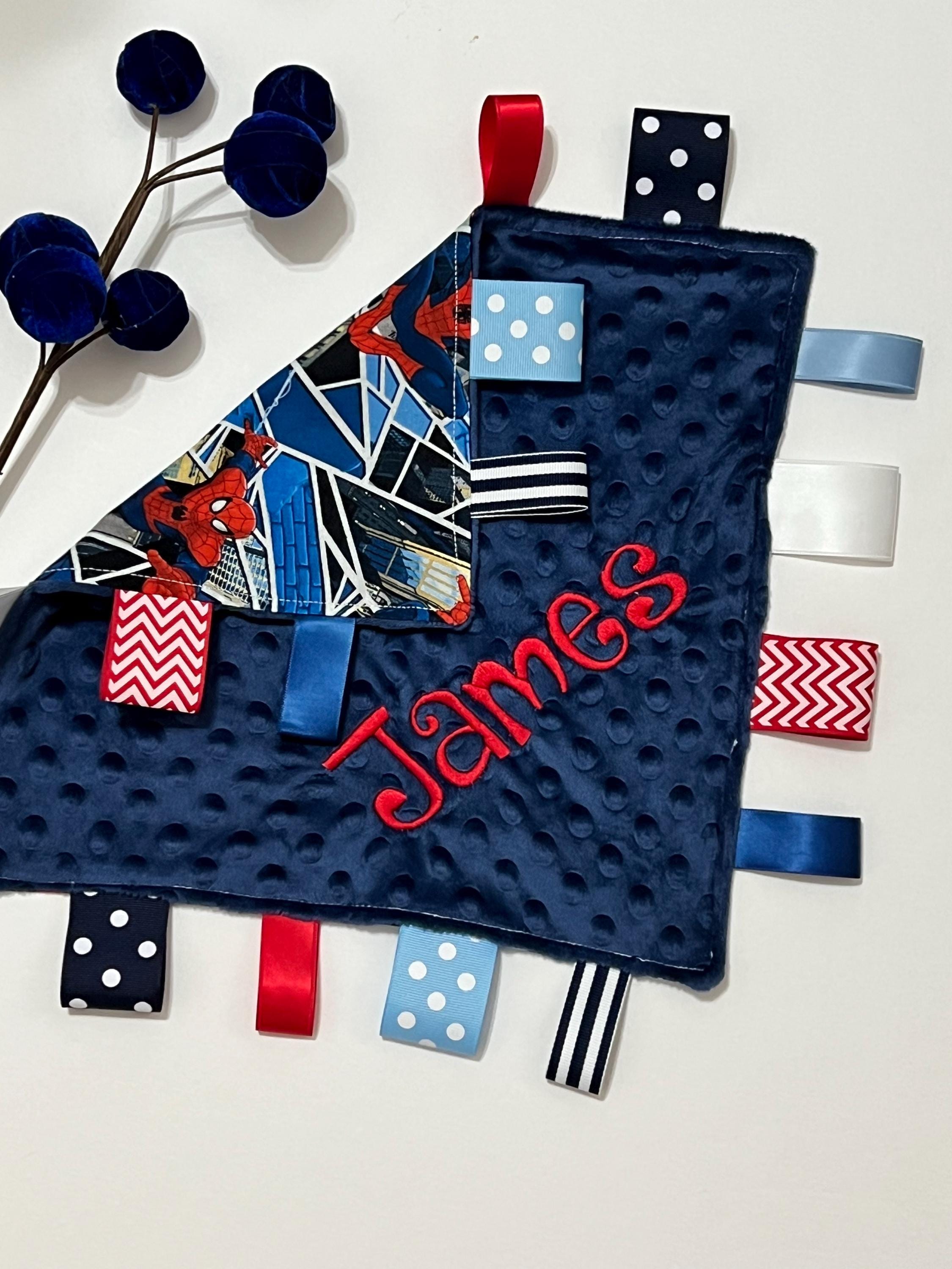 Personalize tag sensory 12” lovey toy blanket made from Spider man cotton with minky back, add crinkle, baby shower gift