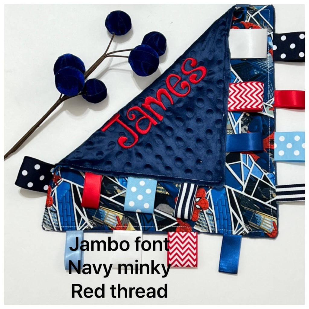 Personalize tag sensory 12” lovey toy blanket made from Spider man cotton with minky back, add crinkle, baby shower gift