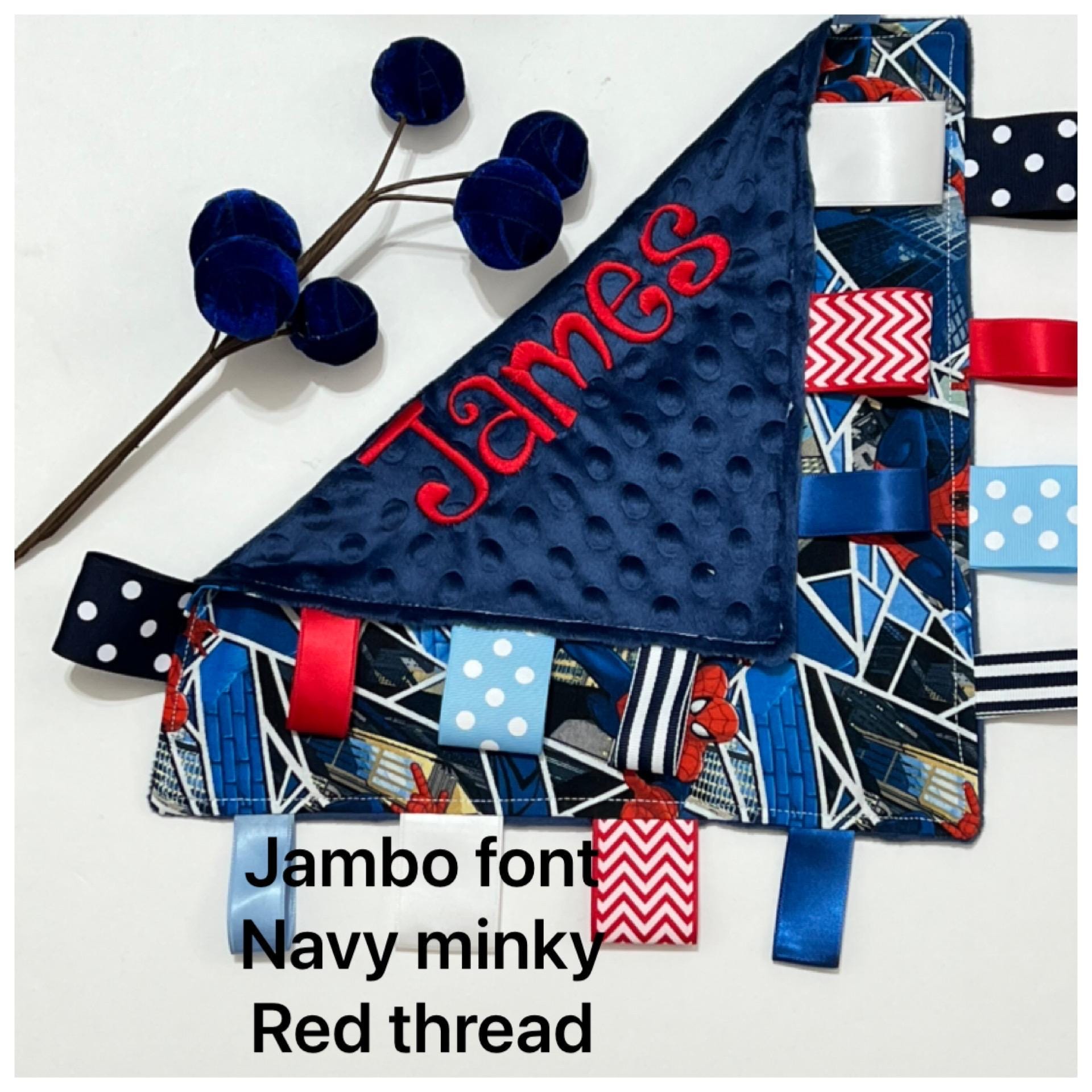 Personalize tag sensory 12” lovey toy blanket made from Spider man cotton with minky back, add crinkle, baby shower gift