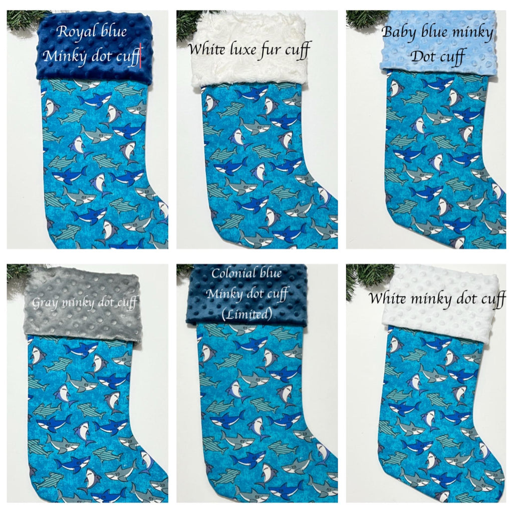 Personalize Shark cotton print Christmas stocking with minky or  fur cuff and fully lined 18” size, ocean life stockings