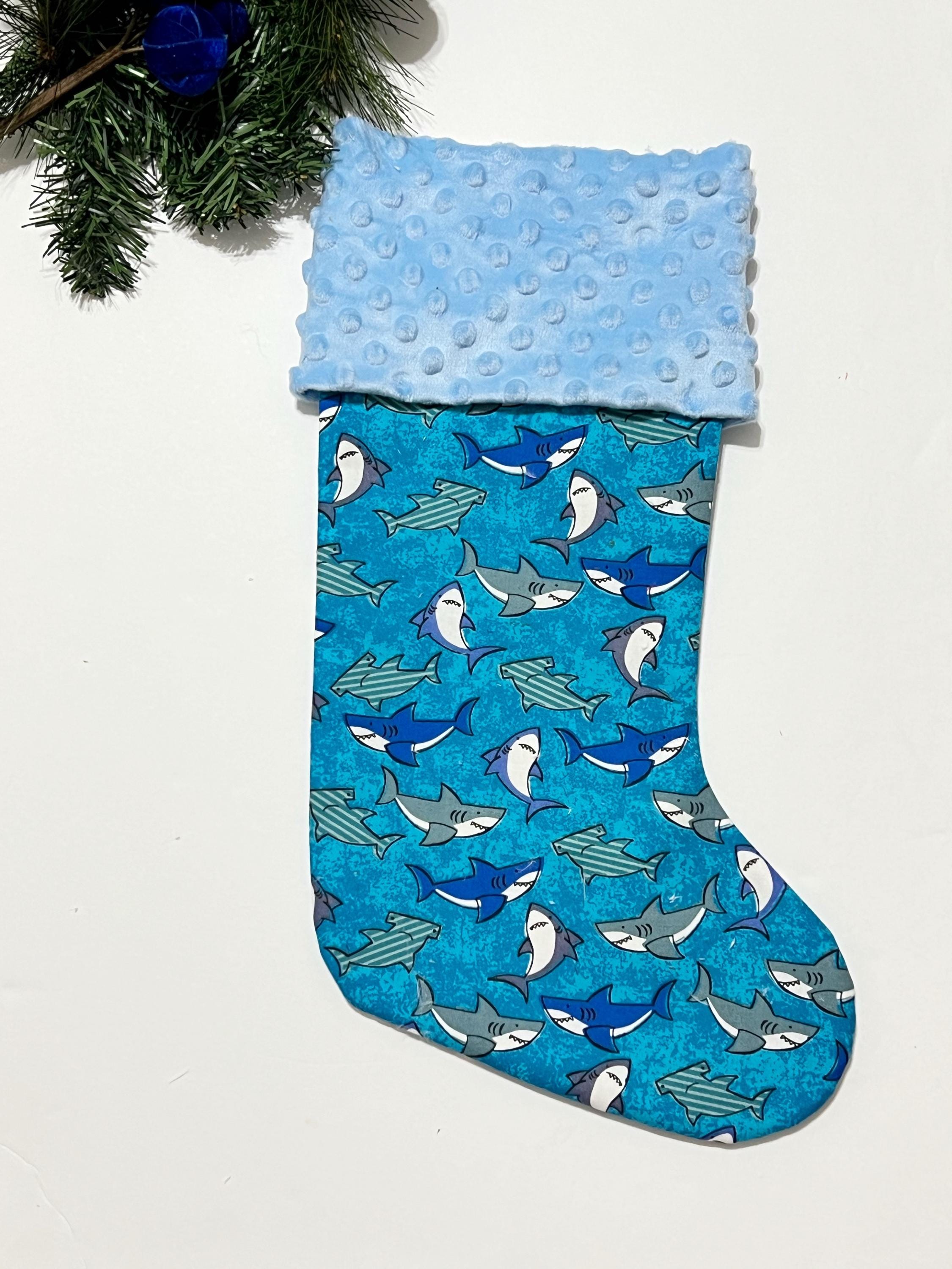 Personalize Shark cotton print Christmas stocking with minky or  fur cuff and fully lined 18” size, ocean life stockings