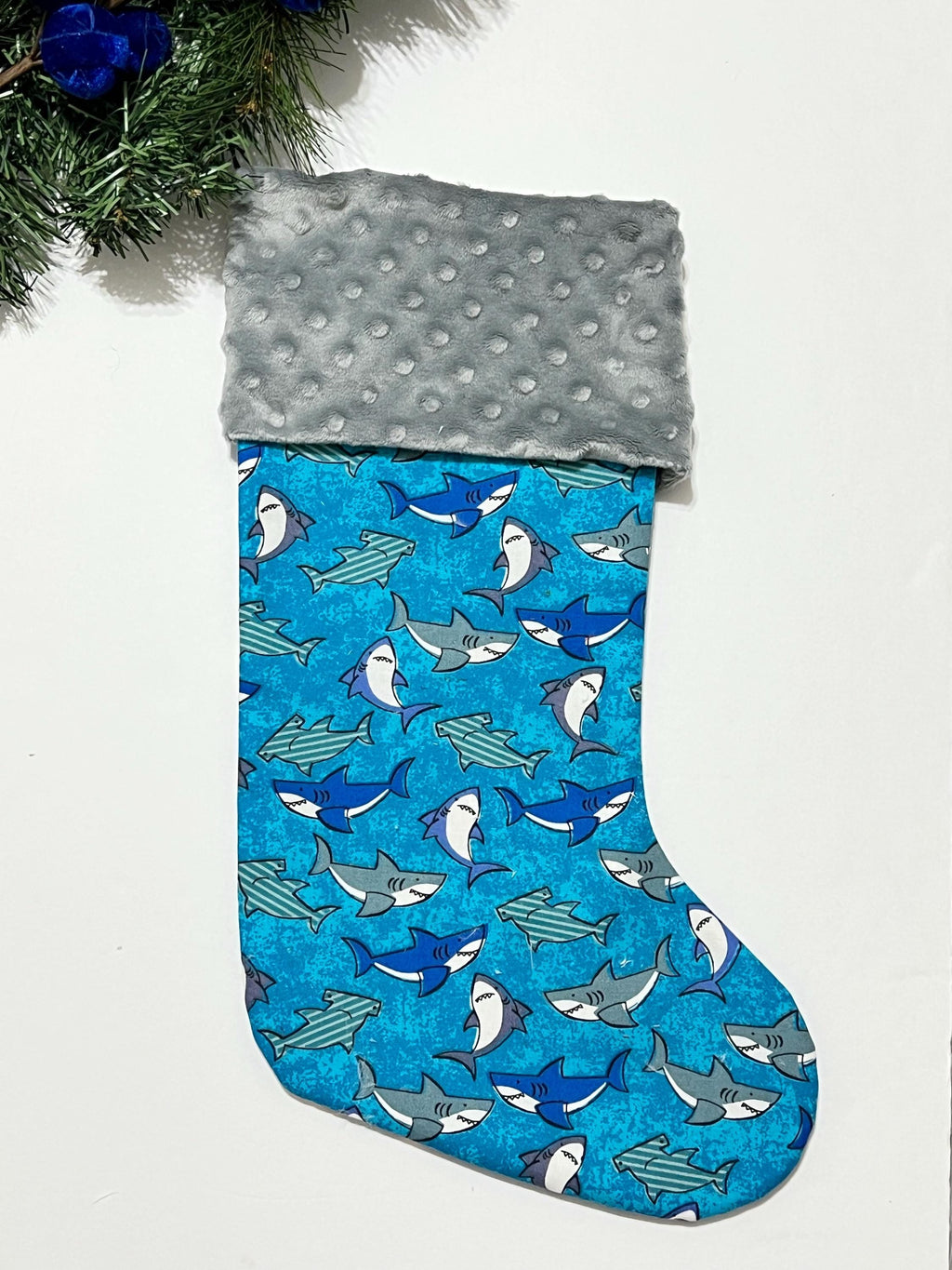 Personalize Shark cotton print Christmas stocking with minky or  fur cuff and fully lined 18” size, ocean life stockings
