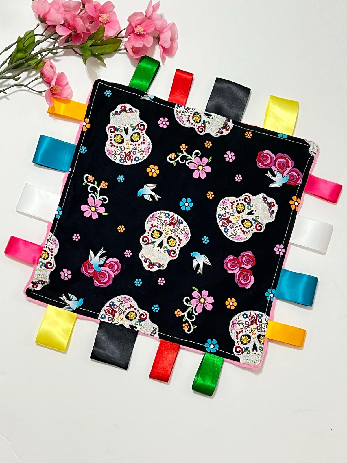 Sugar skull sensory lovey for baby thru adult with ribbon tags and personalized option, black and pink cotton with minky back, choose colors