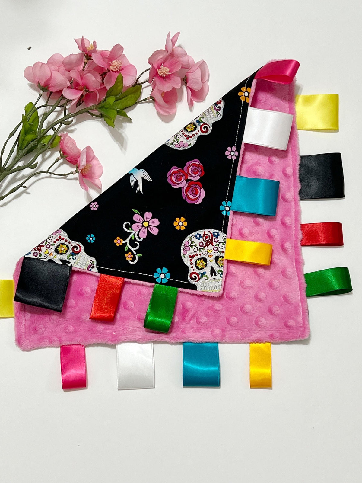 Sugar skull sensory lovey for baby thru adult with ribbon tags and personalized option, black and pink cotton with minky back, choose colors