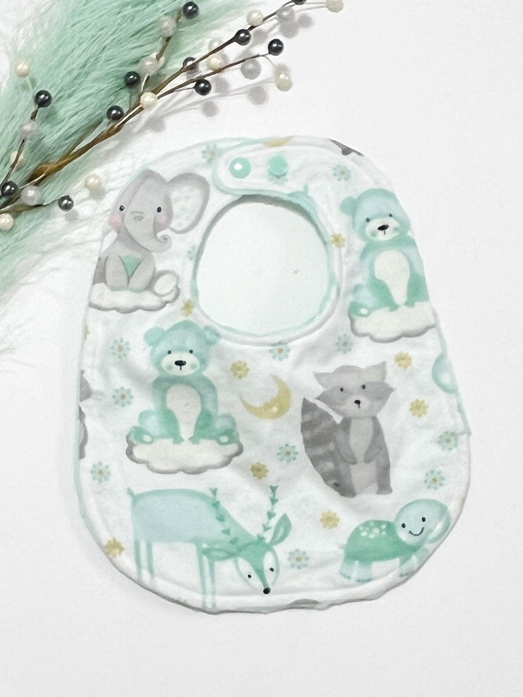 Woodlands baby animals baby bib and contour burp cloth set in gray and mint flannel with minky dot back, Bear, raccoon, fox, deer, elephant