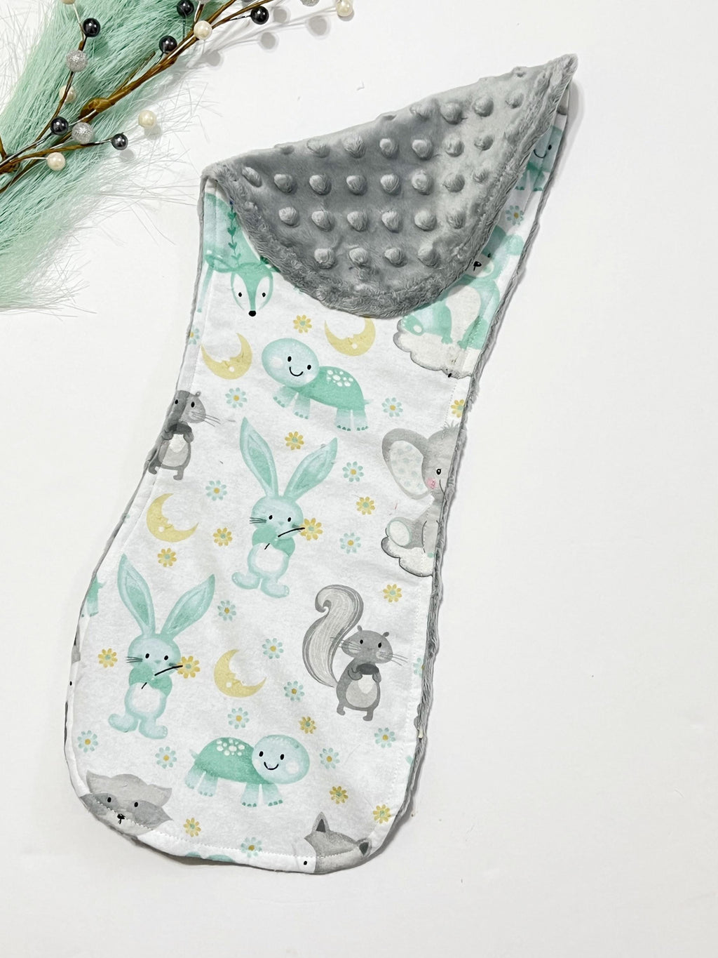 Woodlands baby animals baby bib and contour burp cloth set in gray and mint flannel with minky dot back, Bear, raccoon, fox, deer, elephant