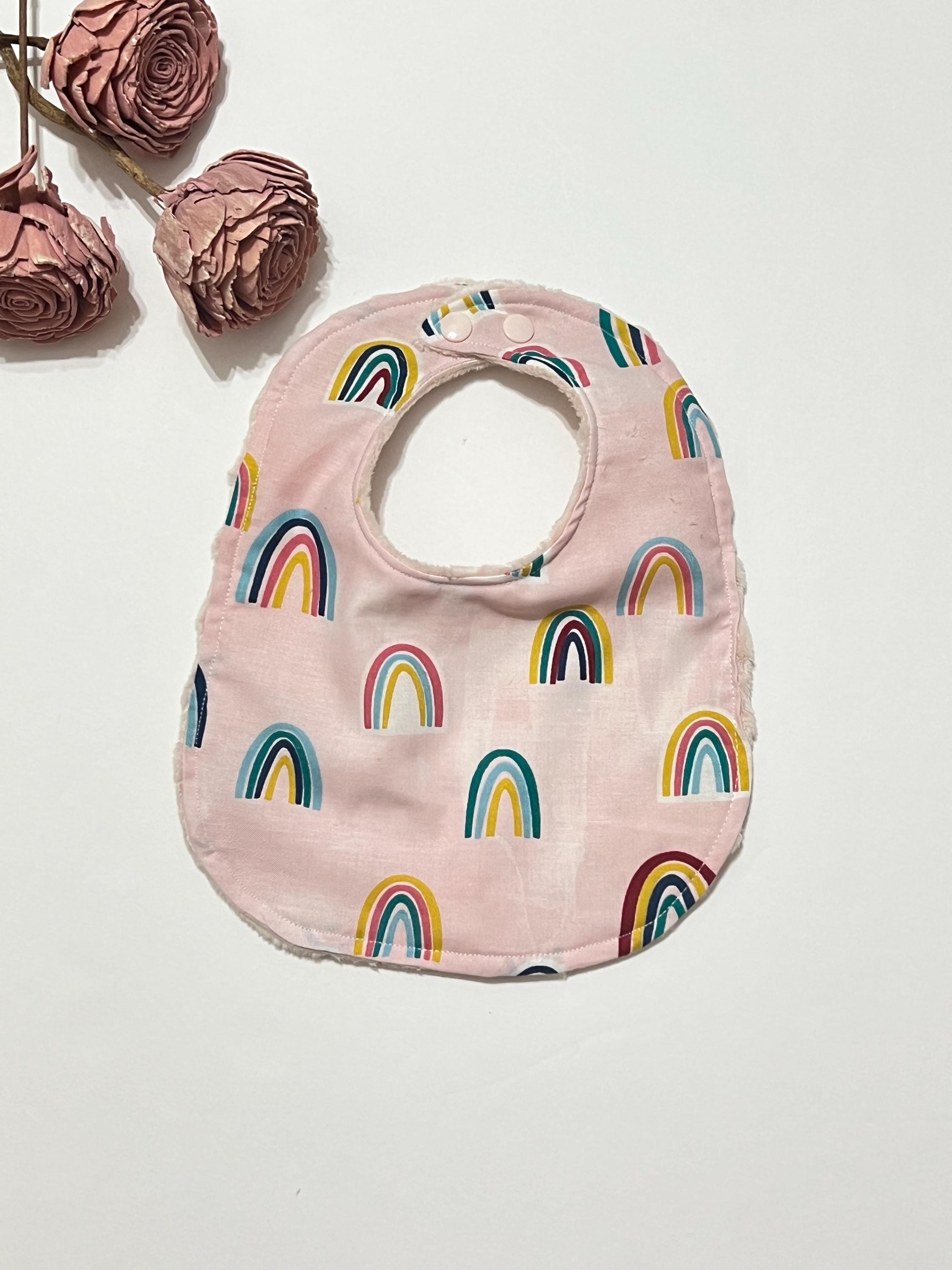 Boho rainbows bib and burp cloth set in baby toddler size for baby girl, blush pink cotton & minky color choices